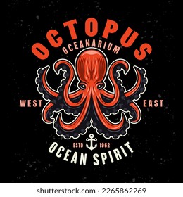 Octopus vector emblem, logo, badge, label illustration in colorful style on dark background