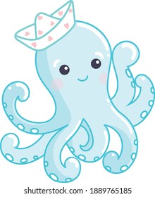 Octopus Vector flat Illustration. Cute cartoon character. Blue colorful Sea creature
