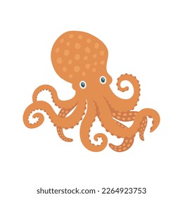 Octopus vector flat illustration, isolated on white background. Seas and oceans, underwater world. Sea creatures. Orange octopus, poulpe with eight tentacles illustration. Aquatic marine icon.