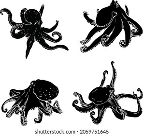 Octopus vector icon set. Devilfish illustration. Fish symbol. Ink tattoo. Logo design