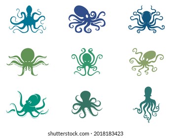Octopus vector icon set in various color on white background