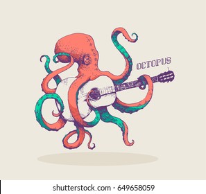 Octopus. Vector illustration of colored octopus playing guitar, hand drawn, vintage illustration