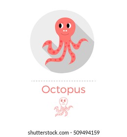 Octopus vector illustration in flat design style with long shadow. Round shape, isolated on white background. Thin line icon included.