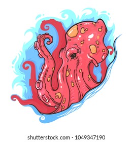 Octopus, vector illustration isolated on white background, cartoon flat hand drawn illustration