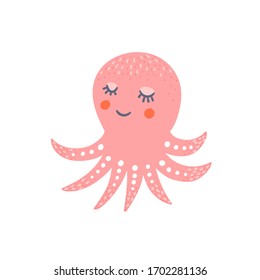 Octopus vector illustration for kids and children. Funny octopus smiling isolated on white background. Underwater animal character