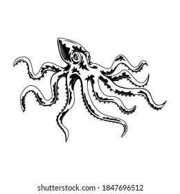 Octopus vector illustration. Monochrome sea creature, underwater animal with tentacles. Wildlife or seafood concept for labels or emblems templates