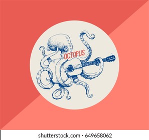 Octopus. Vector illustration of octopus playing guitar, hand drawn, vintage illustration