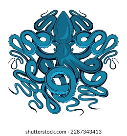 Octopus. Vector Illustration of a tentacles animal. Nautical and marine monster. Вlue squid