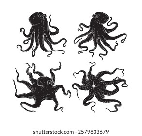 Octopus vector illustration. Octopus tentacles reaching upwards, squid-like marine animal body parts protruding from out of frame, cut for food or frame design, cartoon sketch vector illustration. 