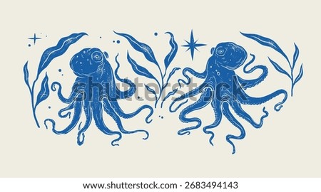 Octopus vector illustration. Octopus tentacles reaching upwards, squid-like marine animal body parts protruding from out of frame, cut for food or frame design, cartoon sketch vector illustration. 
