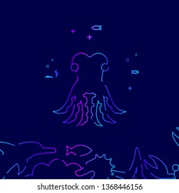 Octopus Vector Line Illustration. Marine Life, Underwater World, Sea Creature Gradient Icon, Symbol or Pictogram, Sign. Dark Blue Background. Related Bottom Border.
