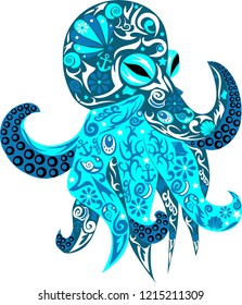 Octopus vector, sea animal, beast with a pattern, water creature, illustration of a wild ocean dweller, tentacles with suckers, design made of shells and anchors, element of wild animals, children's s