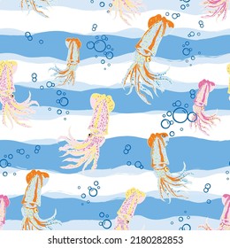 Octopus Vector Seamless Pattern Wallpaper Art, Octopus illustration On Wave Background