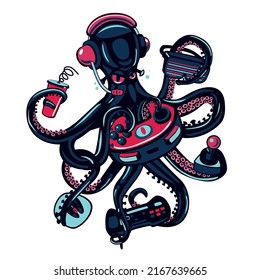 Octopus video gamer with gamepad. in tentacles. Cyber sport game poster.Vector cartoon illustration. Avatar and mascot print