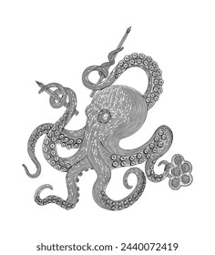 Octopus, Vintage engraving drawing vector illustration