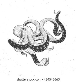 Octopus Vintage On White, Hand Drawn Illustration