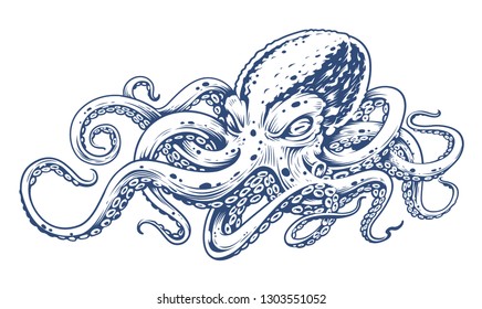 Octopus Vintage Vector Art isolated on white. Engraving style vector illustration of octopus. 