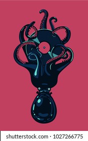 Octopus with vinyl disc in tentacles.. Hip-hop music poster. Night party clipart. Tattoo style.
