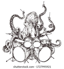 Octopus virtuoso drummer playing frantic rhythm sketch vector print for t-shirt