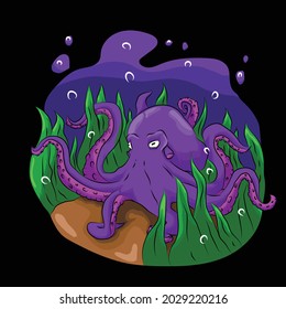 An octopus walking among the seaweed in the deep sea.
