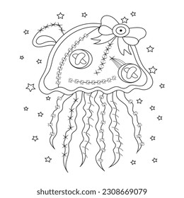 octopus in the water.Vector illustration. Coloring page. Big jellyfish. Black line. Sea life collection. Sea inhabitants. Coloring book for adults.pastel goth coloring page