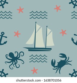 Octopus, Wave, Crab and Starfish. Marine Seamless pattern with white background. Decorative cute wallpaper, good for printing. Background vector. Pattern for wrapping paper and fashion prints.