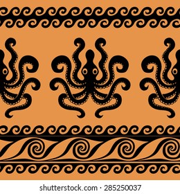 Octopus and waves ornamental pattern ancient Greece style