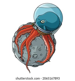 Octopus wearing an astronaut helmet on the moon