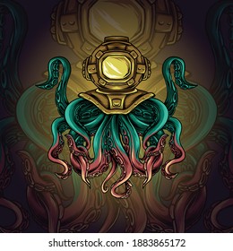 Octopus wearing diving helmet illustration. Octopus mascot vector
