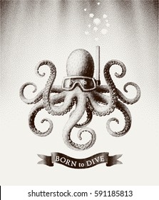 Octopus wearing a mask for diving under water. Vector illustration in style of vintage etchings. Eps8. RGB Global colors