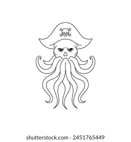 An octopus wearing a pirate hat. Line art style icon.