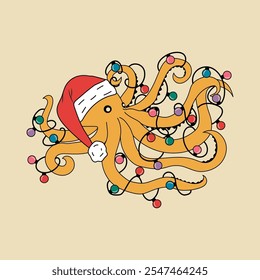 An octopus wearing a Santa hat and surrounded by Christmas lights