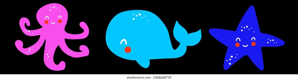 Octopus, whale, starfish. Cute and funny. Bright colors. Flat design. Kids art. Under sea. Illustrations on black background.
