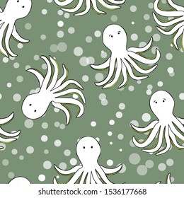 Octopus, white, cartoon character, white and bubbles on green background. Vector seamless pattern.