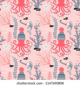 Octopus in winter hat with decoration garland Fish with candy Seaweed Coral Starfish decorative Xmas repeatable print. Underwater Christmas seamless vector pattern. Seasonal holidays wrapping paper.