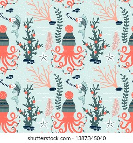 Octopus in winter hat with decoration garland Fish with candy Seaweed Coral Starfish decorative Xmas repeatable print. Underwater Christmas seamless vector pattern. Seasonal holidays wrapping paper in