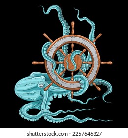 Octopus Wrapped Around the Ship Steering Wheel