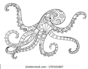 Octopus - zentangle antistress coloring book - linear vector illustration for coloring. Outline. Hand picture. Octopus, ocean dweller - picture with a marine ornament for a coloring book