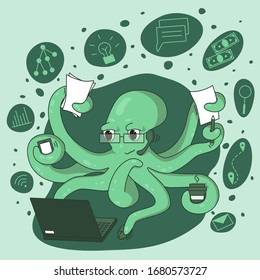 Octopus-businessman is actively working on a laptop, talking on a headset and signing papers.