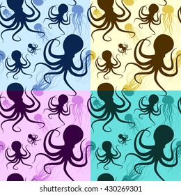 octopuses and jellyfish Set subsea multicolored seamless patterns