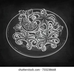 Octopuses with lemon on a plate. Seafood chalk sketch on blackboard background. Hand drawn vector illustration. Retro style. Editable objects with clipping masks.