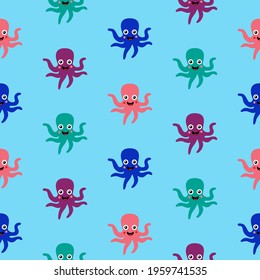 Octopuses, pink, violet, blue and turquoise, cheerful and smiling, on blue background, seamless pattern 