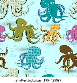 Octopuses seamless background. Oceanic cartoon pattern colored wallpaper. EPS10 vector texture.