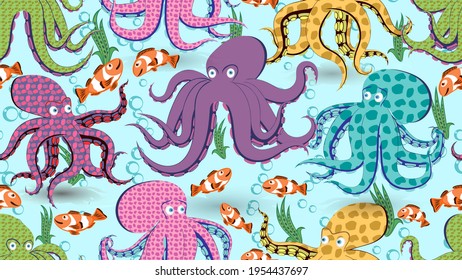 Octopuses seamless background. Oceanic cartoon pattern colored wallpaper. EPS10 vector texture.