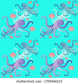 Tintenfische und Muscheln - Seeschifffahrtsnahtlose Vektorillustration. Nahtloses Muster mit Tintenfischen, Muscheln und Kammmuscheln mit Perlen.