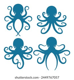 Octopuses silhouettes. Cartoon blue baby octopus icons set isolated vector illustration