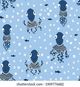 Octopuses in T-shirts vector seamless pattern on blue background for kids - for fabric, wrapping, textile, wallpaper, background.