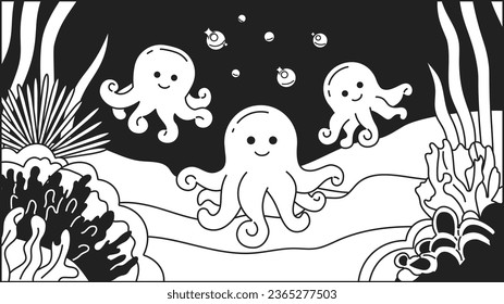 Octopuses underwater bubbles black and white cute chill lo fi wallpaper. Marine life deep sea. Chibi creatures linear 2D vector cartoon characters illustration, monochrome lofi kawaii background