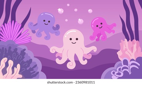 Octopuses underwater bubbles cute chill lo fi wallpaper. Marine life deep sea. Chibi creatures 2D vector cartoon characters illustration, lofi anime background. 90s kawaii aesthetic, dreamy vibes