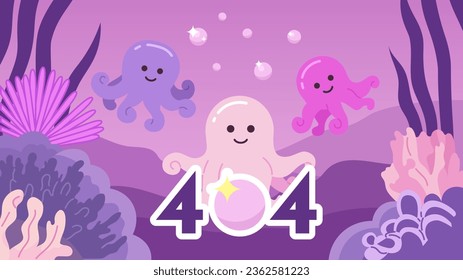 Octopuses underwater bubbles error 404 flash message. Chibi sea creatures. Website landing page ui design. Not found cartoon image, cute vibes. Vector flat illustration with kawaii anime background